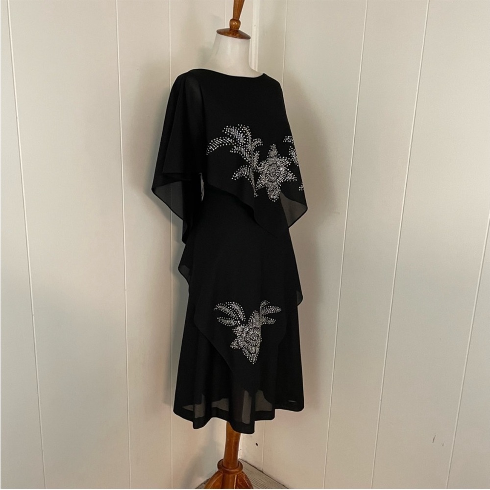 Vintage Dress Women’s L Short Flutter Sleeve Tiered Midi Glitter Flower - Picture 7 of 15